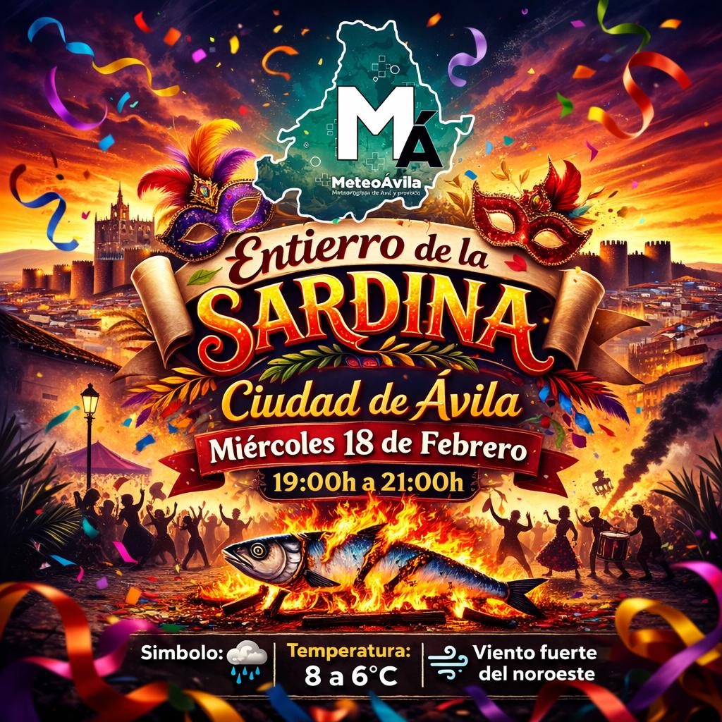 🐟 Entierro de la Sardina
📍Ciudad de #Ávila (#Carnavales)
📆 Miércoles 18 de Febrero
⏰ 19:00h - 21:00h 

🌧️ Alto riesgo de lluvias en la ciudad, con viento fuerte del noroeste y temperaturas cada ves más bajas. 
⚠️ Ambiente desapacible.