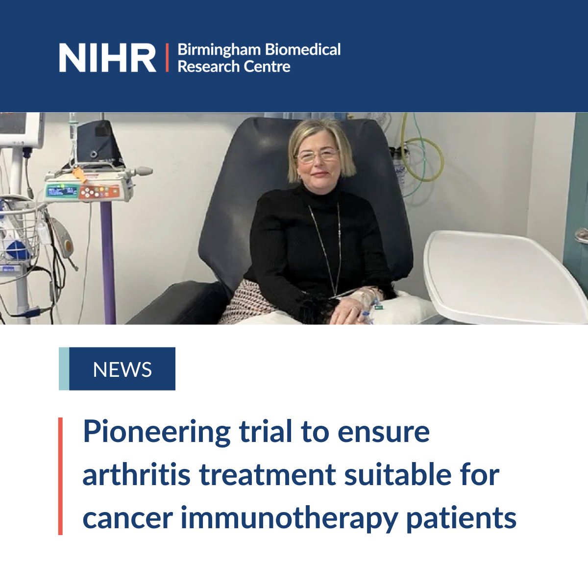 BirminghamBRC's tweet photo. Life‑saving cancer immunotherapy can cause severe arthritis in at least 5% of patients. The new REACT trial is testing how to treat it safely. 
Participant Becky (pictured below), said: “I couldn’t get out of bed… [The trial] has been a godsend.”

🔗 https://t.co/ErHaULX713 https://t.co/G6k2o6TZwW