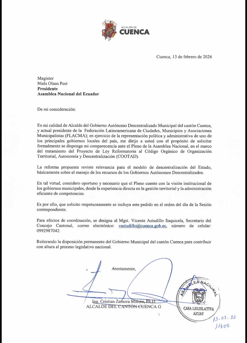 #COOTAD

He solicitado al presidente de la <a href="/AsambleaEcuador/">Asamblea Nacional</a> <a href="/NielsOlsen/">Niels Olsen</a> ser recibido por el pleno para la discusión de esta reforma legal que pone una daga a los programas sociales, que desangra los servicios de los más pobres 

En mi calidad de presidente de FLACMA, de los