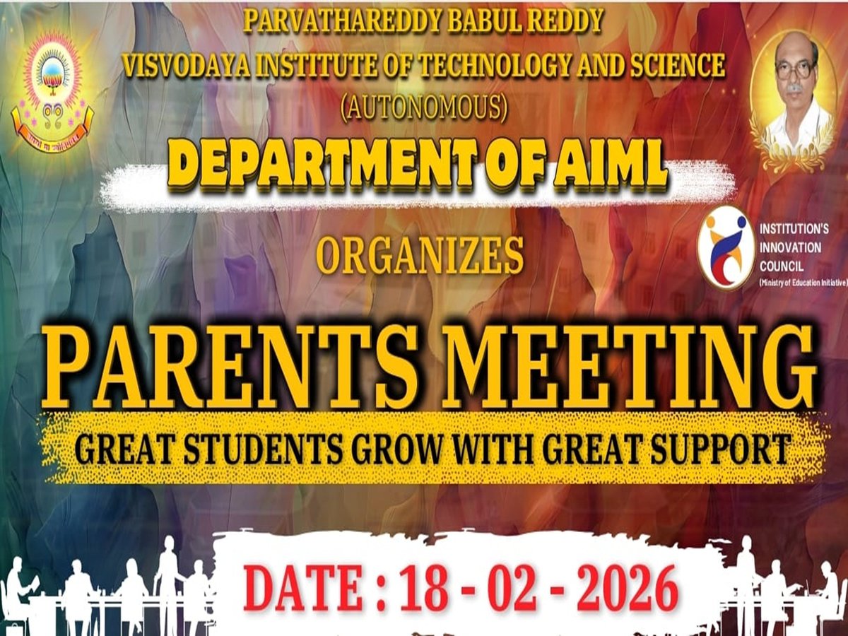 pbrvitsofficial's tweet photo. Parents Meet | 18 Feb 2026 📚
Dept. of #AIML, #PBRVITS hosted a Parents Meet with 56 parents. Principal Dr. V. Anil Kumar addressed the gathering & honored Academic and Attendance Toppers, strengthening parent–faculty interaction.
#ParentsMeet #AcademicExcellence https://t.co/vavMEKOpeN