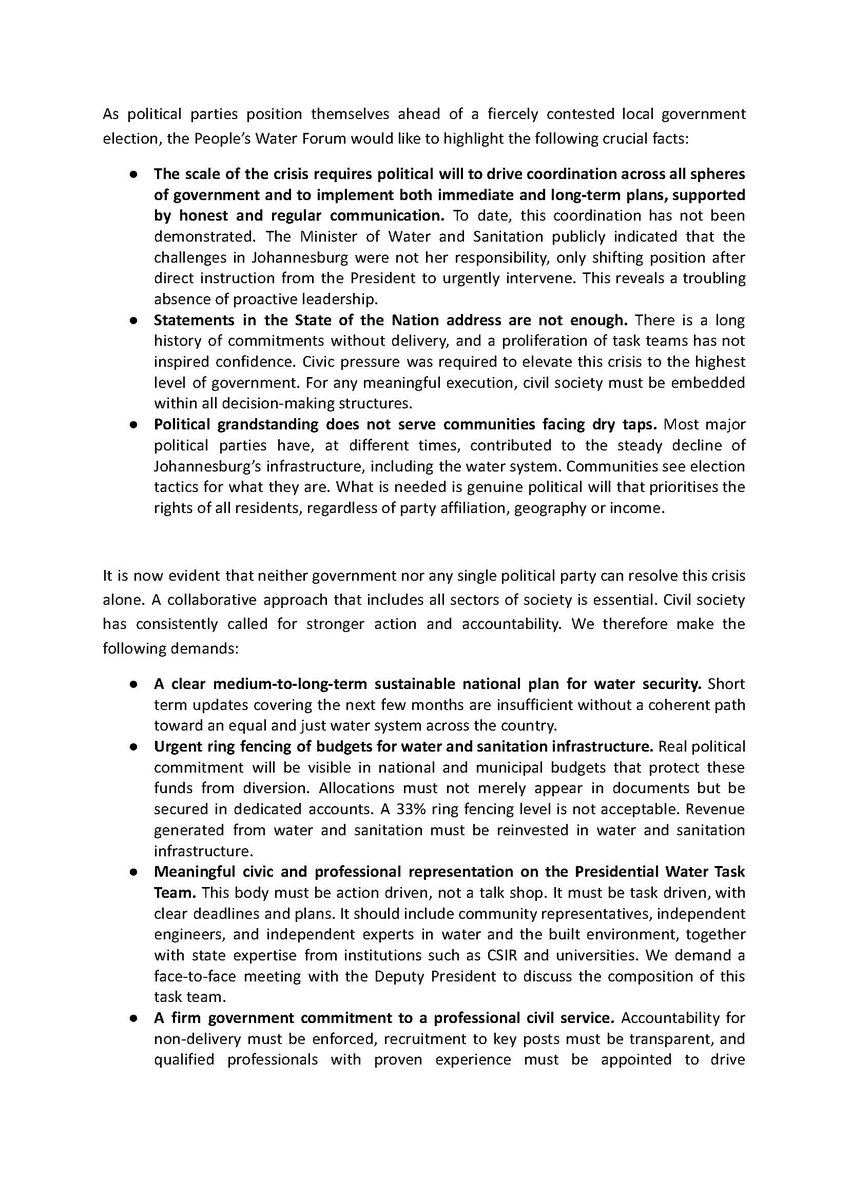 WaterCrisisJHB's tweet photo. People’s Water Forum demands urgent action on SA water crisis post-SONA: clear plan, ring-fenced funds, transparency. https://t.co/RFRAWbrO6Y