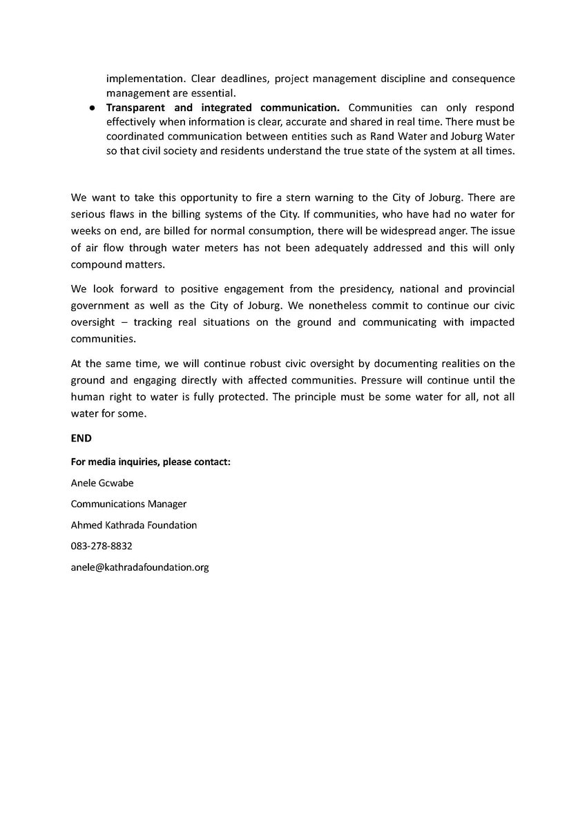 WaterCrisisJHB's tweet photo. People’s Water Forum demands urgent action on SA water crisis post-SONA: clear plan, ring-fenced funds, transparency. https://t.co/RFRAWbrO6Y