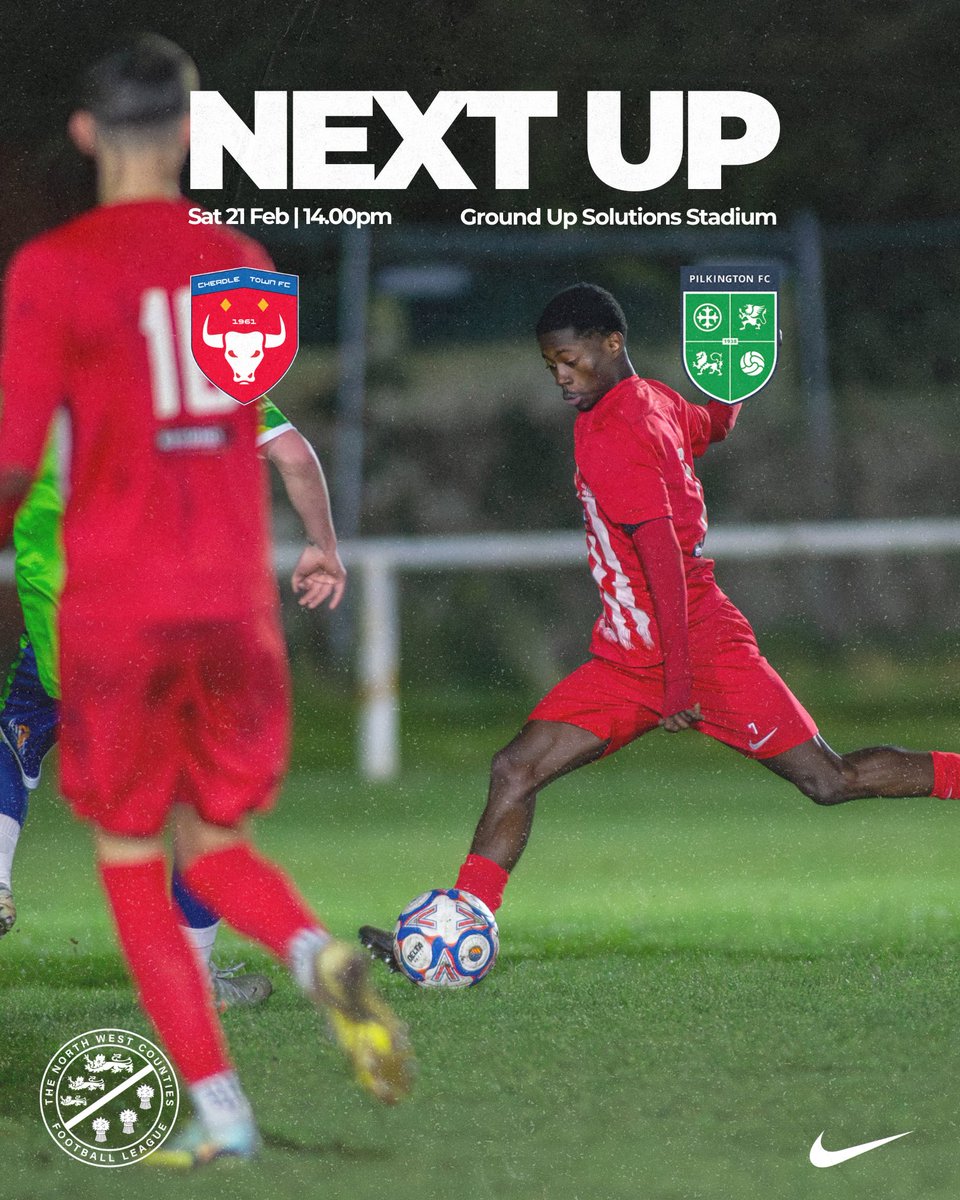 Next Up!! ⚽️ 

We’re back at the Ground Up Solutions Stadium on Saturday 21st February as we take on Pilkington FC in the North West Counties Premier League. Kick Off is at the earlier time of 14:00pm. 

Cheadle Town v Pilkington FC 
🗓️ Saturday 21st February 2026 
🕢 Kick-off: