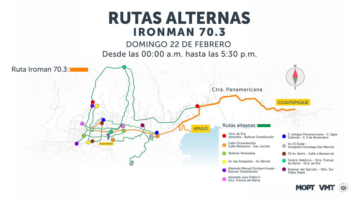 VMTElSalvador's tweet photo. El domingo 22 de febrero de 2026, El Salvador será sede de la primera edición del IRONMAN 70.3 San Salvador, un evento deportivo internacional que reunirá a atletas nacionales e internacionales en un reto de resistencia y disciplina.

Las restricciones vehiculares estarán vigentes de 00:00 a.m. a 5:30 p.m., desde Cojutepeque hasta el Centro Histórico. Los tramos se habilitarán progresivamente:

• 1:45 p.m.: Cojutepeque – derivador Panamericana.
• 2:00 p.m.: Derivador – Bulevar San Bartolo – Calle a Apulo.
• 2:30 p.m.: Bulevar San Bartolo – Plaza Libertad.
• 5:30 p.m.: Bulevar Los Héroes – Plaza Libertad.

Se habilitará un carril reversible en la Panamericana, de Cojutepeque a San Martín.

La población podrá usar rutas alternas como Carretera de Oro, Bulevar Venezuela, Alameda Juan Pablo II, Av. Las Amapolas, Alameda Manuel Enrique Araujo, entre otras. La única vía sobre el Bulevar del Ejército será por el redondel Diana, bajo el paso a desnivel.

Se recomienda anticipar viajes y consultar Waze o Google Maps para evitar contratiempos. Invitamos a la ciudadanía a sumarse a esta fiesta deportiva internacional, que coloca a El Salvador en la vitrina del mundo como anfitrión de eventos de clase mundial.