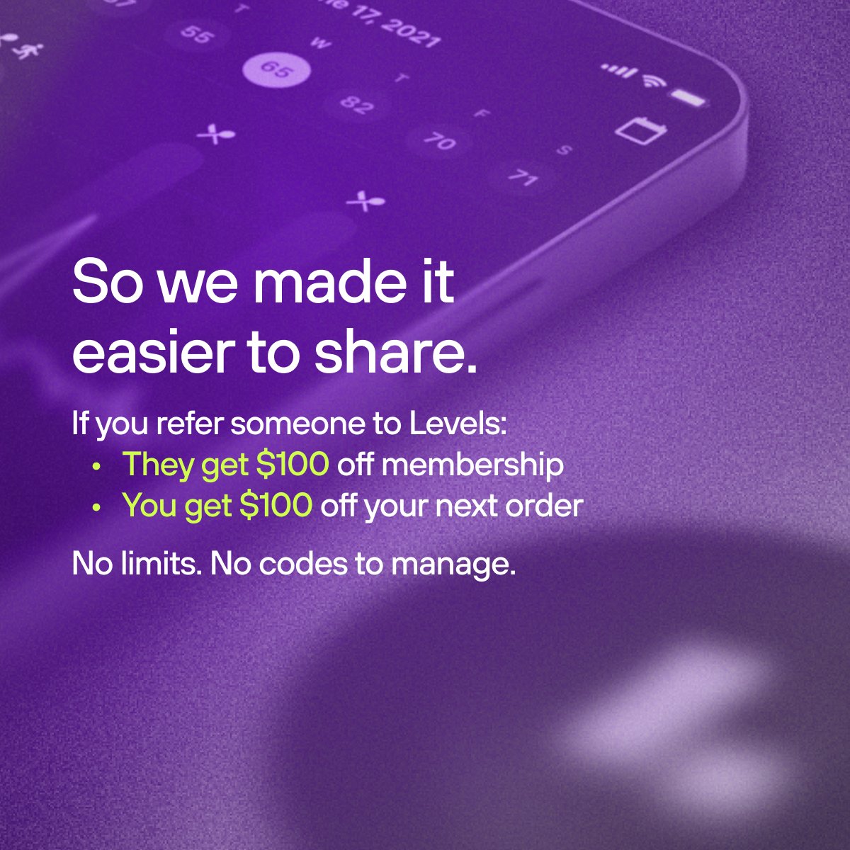 Levels's tweet image. Most people don’t discover the path to true health changes from ads.⁠
⁠
They hear about it from someone they trust.⁠
⁠
If Levels has helped you understand your body better, you can now share that with friends or family — and you’ll both get $100.⁠
⁠
Referral link is in the