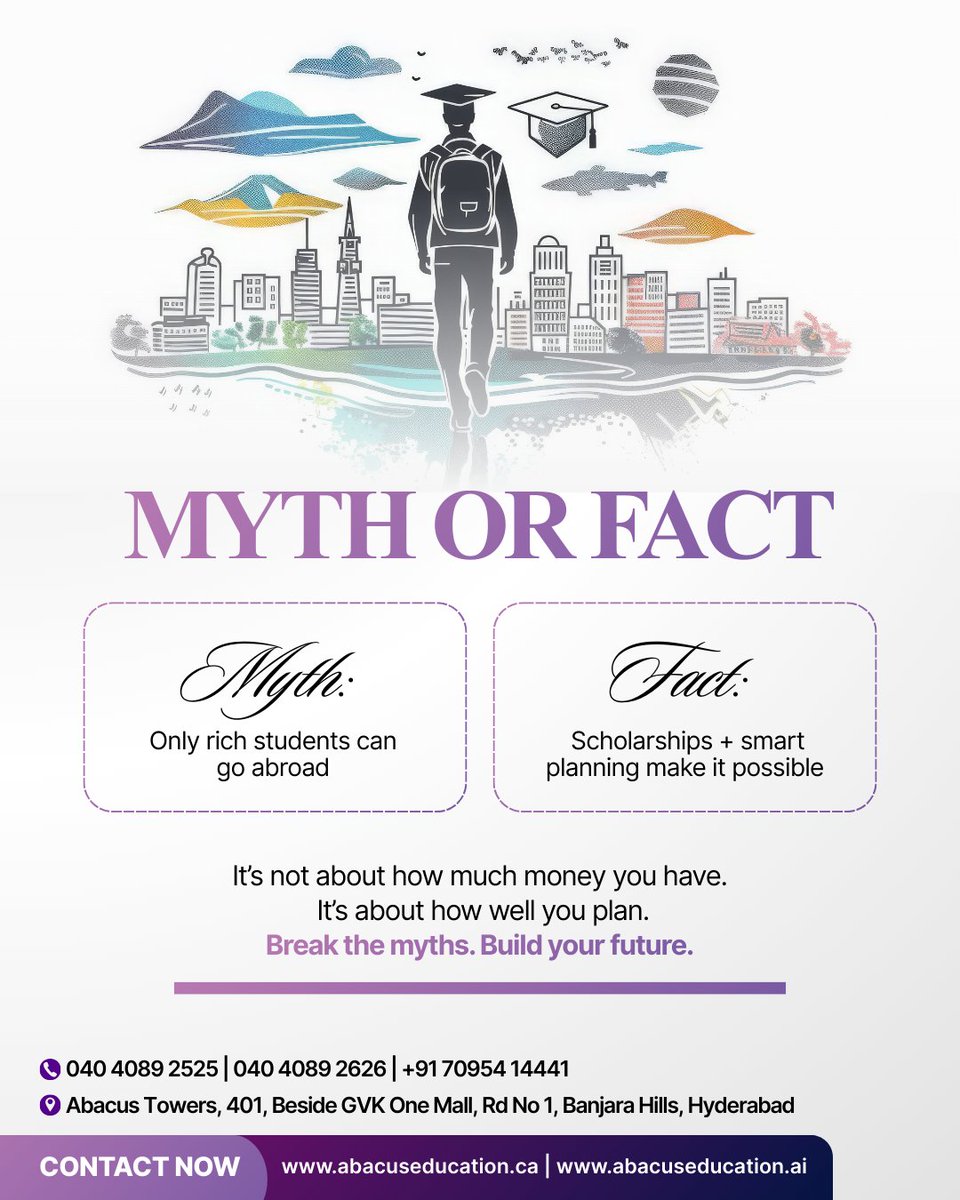 abacus_groups's tweet image. Myth: Only rich students can go abroad
Fact: Scholarships + smart planning make it possible
Going abroad isn’t just for the ultra-wealthy - it’s for students who plan wisely. Full/partial merit scholarships, education loans with 7-9% interest, part-time work allowances, and