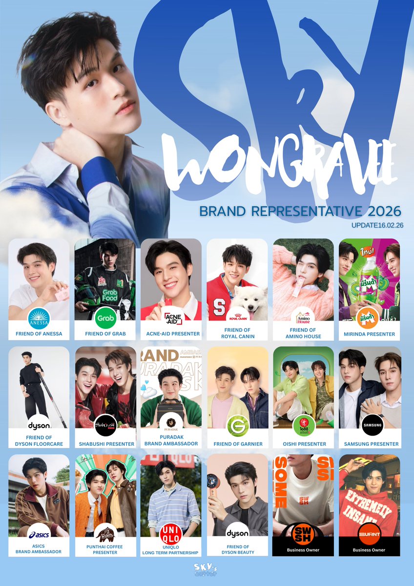 SKY WONGRAVEE’S BRAND REPRESENTATIVE 2026

ขอบคุณทุกแบรนด์ที่มอบความไว้วางใจและการสนับสนุนให้กับสกายอย่างดีเสมอมาครับ 

We would like to sincerely thank all the brands for the continued trust and generous support you have given to Sky.

#skywongravee
#ก้อนเมฆของสกาย 
#MyCloudy ☁️