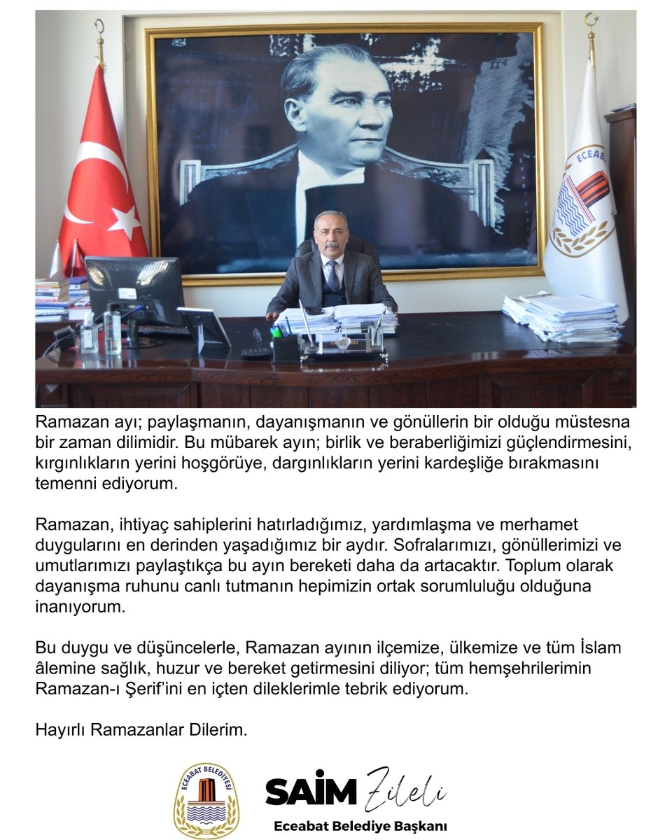 EceabatBel's tweet photo. Hoş Geldin Ya Şehr-i Ramazan 

Belediye Başkanımız Sn. @saimzileli' nin Ramazan Ayı Mesajı  

#hosgeldinramazan #ramazanayı https://t.co/jxUoaDs8dp