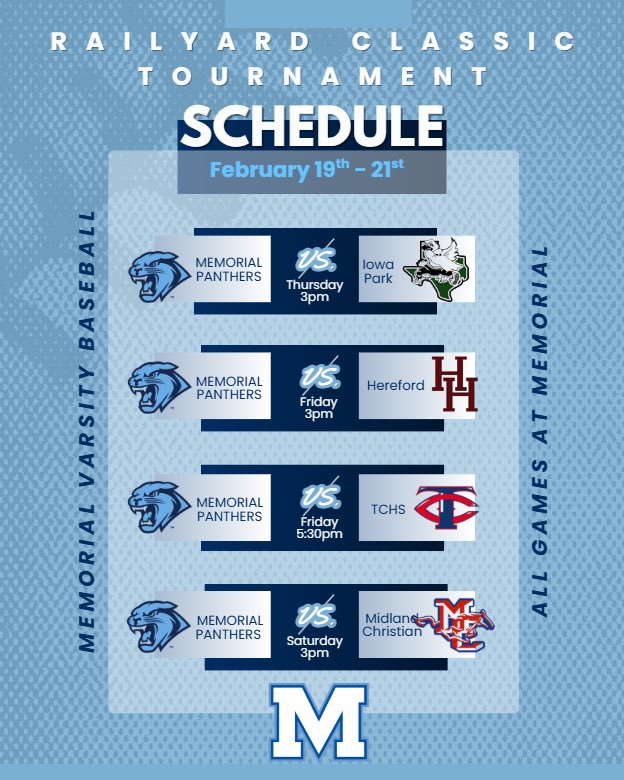 Season starts tomorrow!! Memorial Baseball will be in the Railyard Classic Tournament here in Lubbock!  Good Luck!