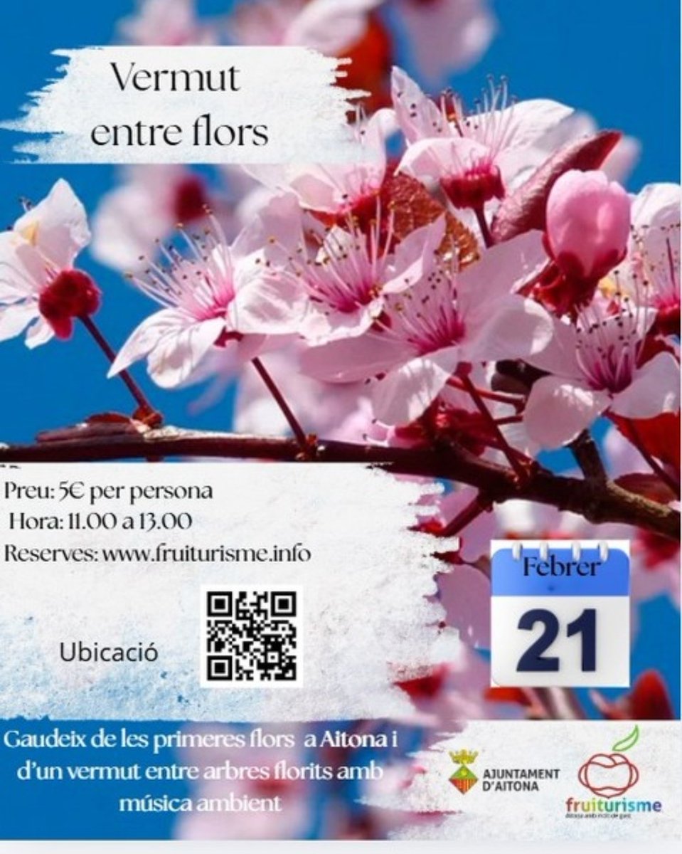 Fruiturisme's tweet photo. 🌸🍹 Arriba el primer vermut de la floració !

Vols ser dels primers a gaudir dels arbres florits amb una copa a la mà i bona música de fons? Vine al Vermut entre flors d’Aitona i celebra l’inici de la temporada més bonica de l'any
🔗 Reserves: https://t.co/YWnf5IBKeZ
@aralleida https://t.co/eRdB3nkJVM