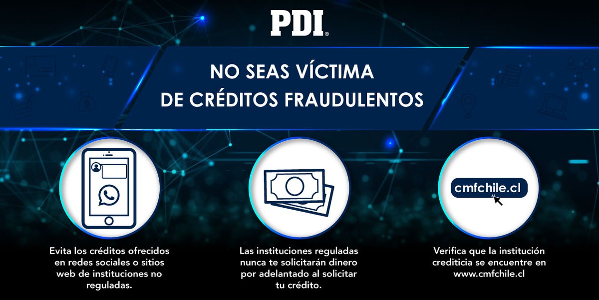 NublePdi's tweet photo. 🚨 La Brigada Investigadora de Delitos Económicos te entrega algunas recomendaciones para evitar ser víctima de créditos o plataformas de inversión fraudulentas. https://t.co/hdCymuyXGr