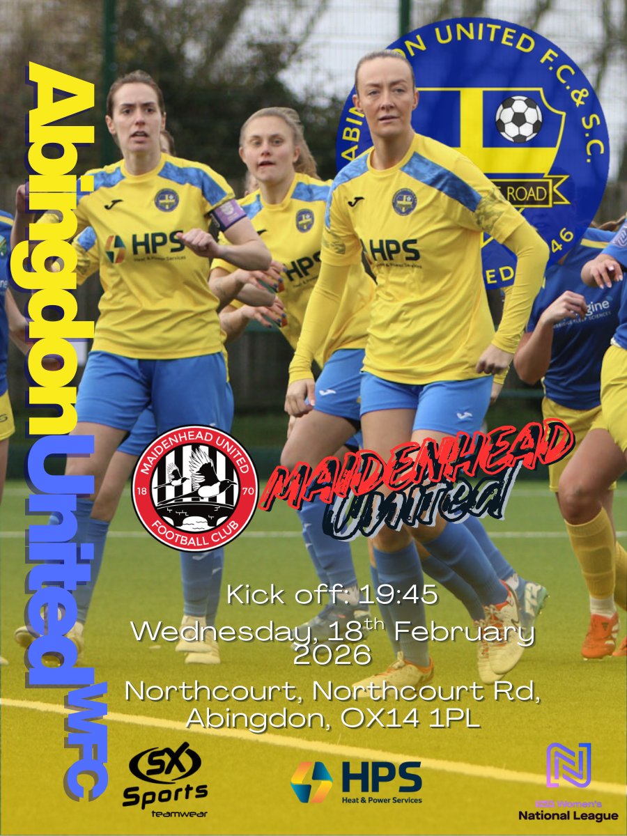 😀 GAME DAY

Abingdon United WFC take on <a href="/mufcyorkroadwfc/">Maidenhead United Women</a> in the <a href="/FAWNL/">FA Women's National League</a> 

We are back to The Northcourt tonight, under the lights

⏲️19:45
🏟️ Northcourt, Northcourt Rd, Abingdon, OX14 1PL
💷 £5 per Adult, £3 concessions
☕️Refreshments and Bar open

We would love you support
💛💙