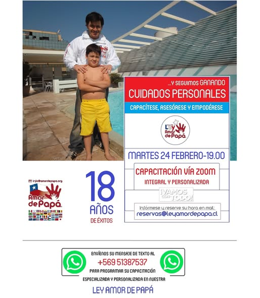 OBTENER LOS CUIDADOS PERSONALES DE NUESTROS HIJOS ES UNO DE NUESTROS PRINCIPALES OBJETIVOS y UNA DE NUESTRAS MAYORES SATISFACCIONES. 

¡VAMOS CON TODO! #18años GRACIAS A NUESTRA #LEYAMORDEPAPÁ

+INFO: reservas@leyamordepapa.cl y/o MENSAJE de TEXTO al WhatsApp +56 9 51387537