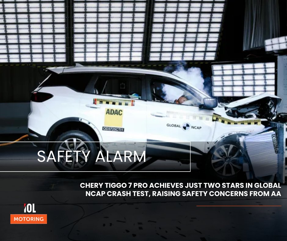 IOL's tweet photo. The Chery Tiggo 7 Pro scored just two stars for adult occupant safety in Global NCAP’s #SaferCarsForAfrica test, raising serious concerns for South African consumers.
#CheryTiggo7Pro #GlobalNCAP @IOLmotoring
Read on: https://t.co/cXtzHRTnbi https://t.co/XirTjF1XTk