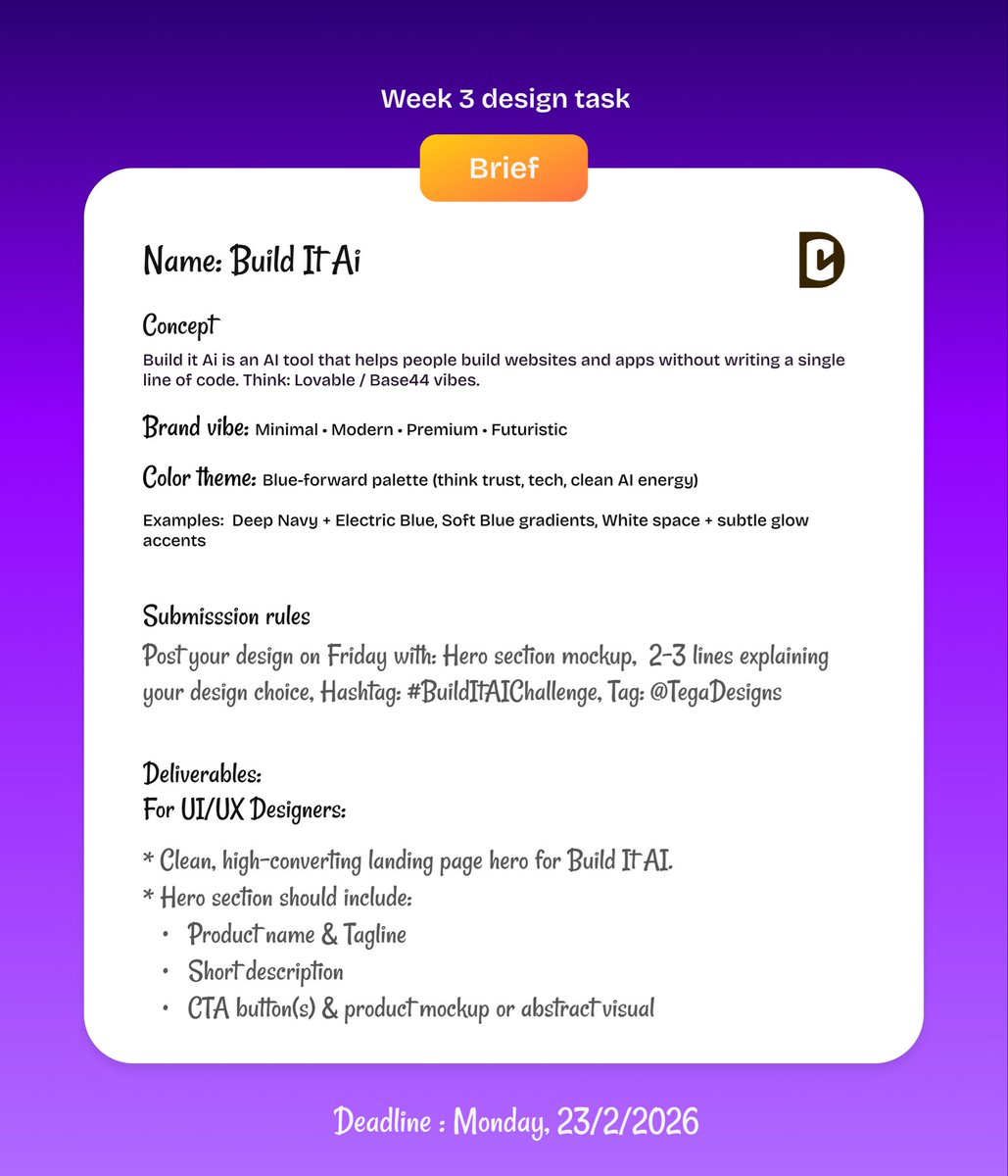 Tegadesigns's tweet photo. WEEK 3 DESIGN CHALLENGE — BuildIt AI

📅 Submission: Monday , Feb 23rd

This week, we’re designing the hero section for Build It AI, an AI tool that helps people build websites and apps without writing a single line of code.

Think: Lovable / Base44 vibes.

Submission Rules:

Post your design on Friday with:

✅ your design well presented
✅ 2–3 lines explaining your design choice
✅ Hashtag: #BuildItAIChallenge
✅ Tag: @Tegadesigns 

Let’s see who cooks 🔥