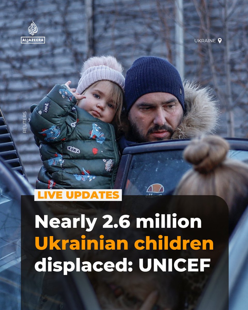 More than a third of Ukrainian children, or 2,589,900, remain displaced as Russia's war is about to enter its fifth year, says UNICEF, with nearly 1,798,900 child refugees living outside the country.

🟠 LIVE updates: aje.news/dcpca4