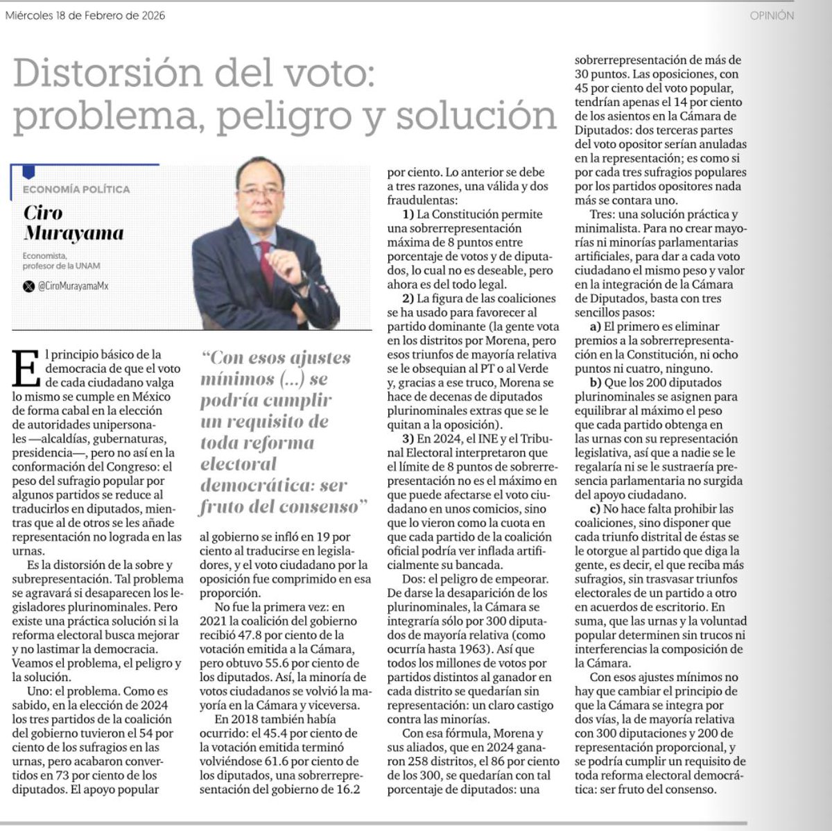 La sobrerrepresentación es un problema: distorsiona el voto ciudadano.

Desaparecer plurinominales empeoraría tal alteración.

Pero hay una solución práctica si se da una reforma electoral de real vocación democrática

Mi artículo hoy en <a href="/ElFinanciero_Mx/">El Financiero</a>👇
elfinanciero.com.mx/opinion/ciro-m…