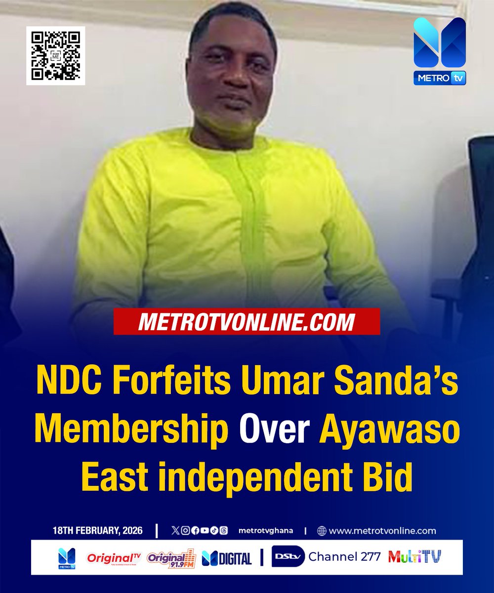 NDC Forfeits Umar Sanda's Membership Over Ayawaso East independent Bid.

Click here for more stories 👇
metrotvonline.com 

#MetroNews #metrotvonline