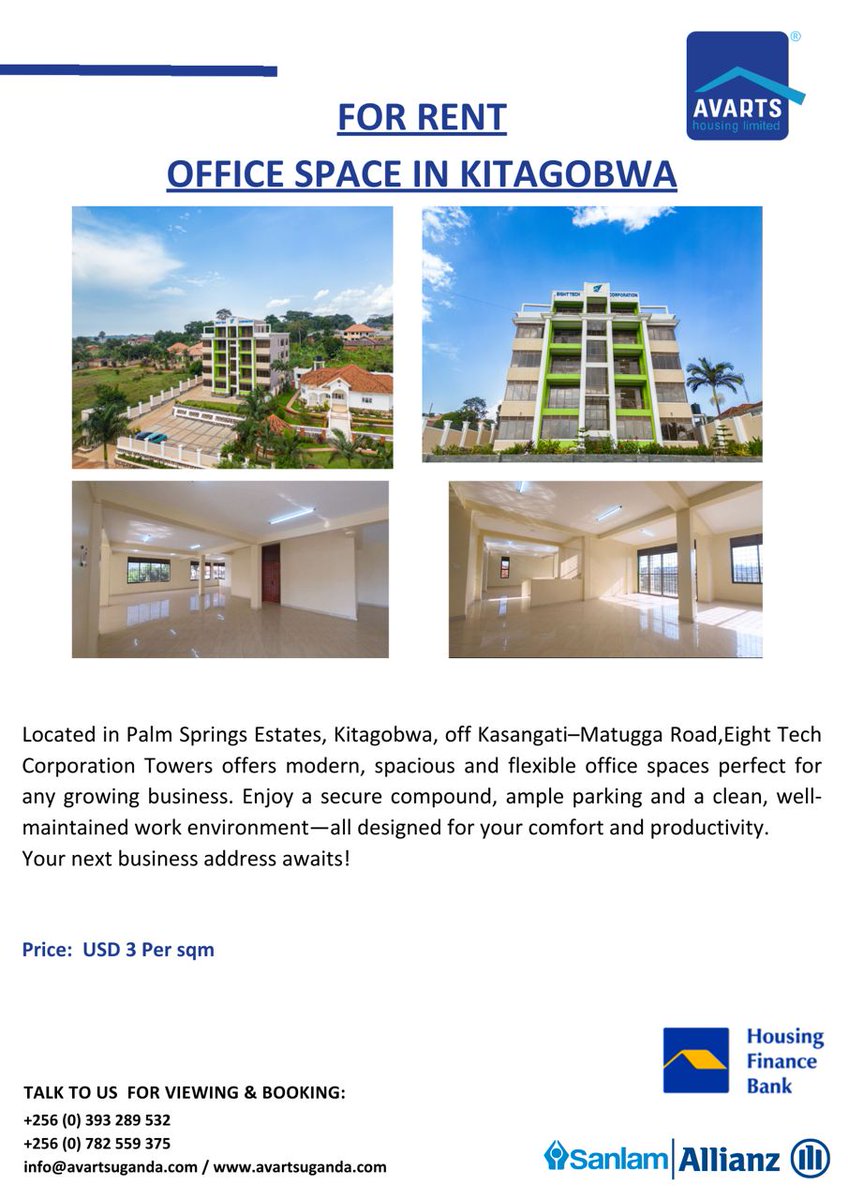 Secure your next business address at Eight Tech Corporation Towers, offering modern and spacious office spaces in the heart of Kitagobwa.

Contact us today to schedule a viewing and elevate your workspace.

#OfficeSpace #Kitagobwa #RealEstate #Uganda #ForRent #Kasangati