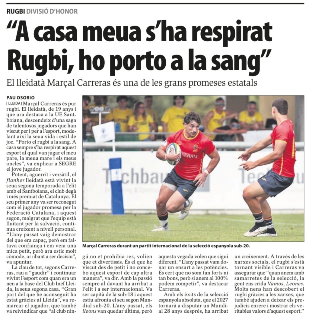 pauosorio40's tweet photo. 🏉 Marçal Carreras és pur rugbi i talent lleidatà. El jugador del Santboiana està brillant a l'elit i al SEGRE hem repassat el seu creixement, les expectatives pel Mundial S20 i el futur de la disciplina. També el seu pas per l'Inef Lleida i com va marcar la seva carrera i vida. https://t.co/xOD38s9MUd