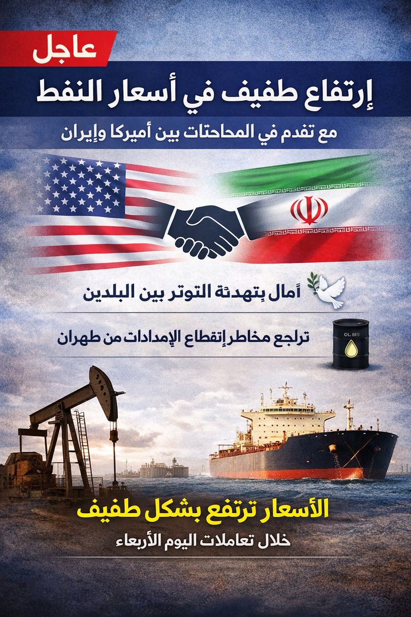 55g33_'s tweet photo. 🚨 عاجل | النفط يرتفع بشكل طفيف 🛢️

خلال تعاملات الأربعاء، الأسعار تسجل صعود محدود
مع تقدم المحادثات بين أميركا وإيران 🇺🇸🇮🇷

الخطوة عززت آمال تهدئة التوتر
وخفضت مخاطر انقطاع الإمدادات من طهران 👀
الأسواق تترقب التطورات القادمة

#النفط #أسعار_النفط #الطاقة #الأسواق_العالمية https://t.co/OapJUeRsp1