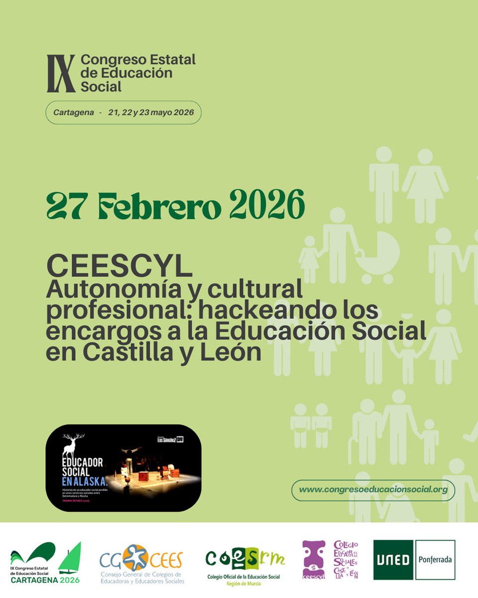 Jornada “Autonomía y Cultura Profesional. Hackeando los encargos a la #EducaciónSocial en Castilla y León”. Actividad precongresual del IX Congreso Estatal de Educación Social.

📋Inscripción gratuita: extension.uned.es/logout 

ℹ️ Más info y programa: ceescyl.com/actualidad-y-n…