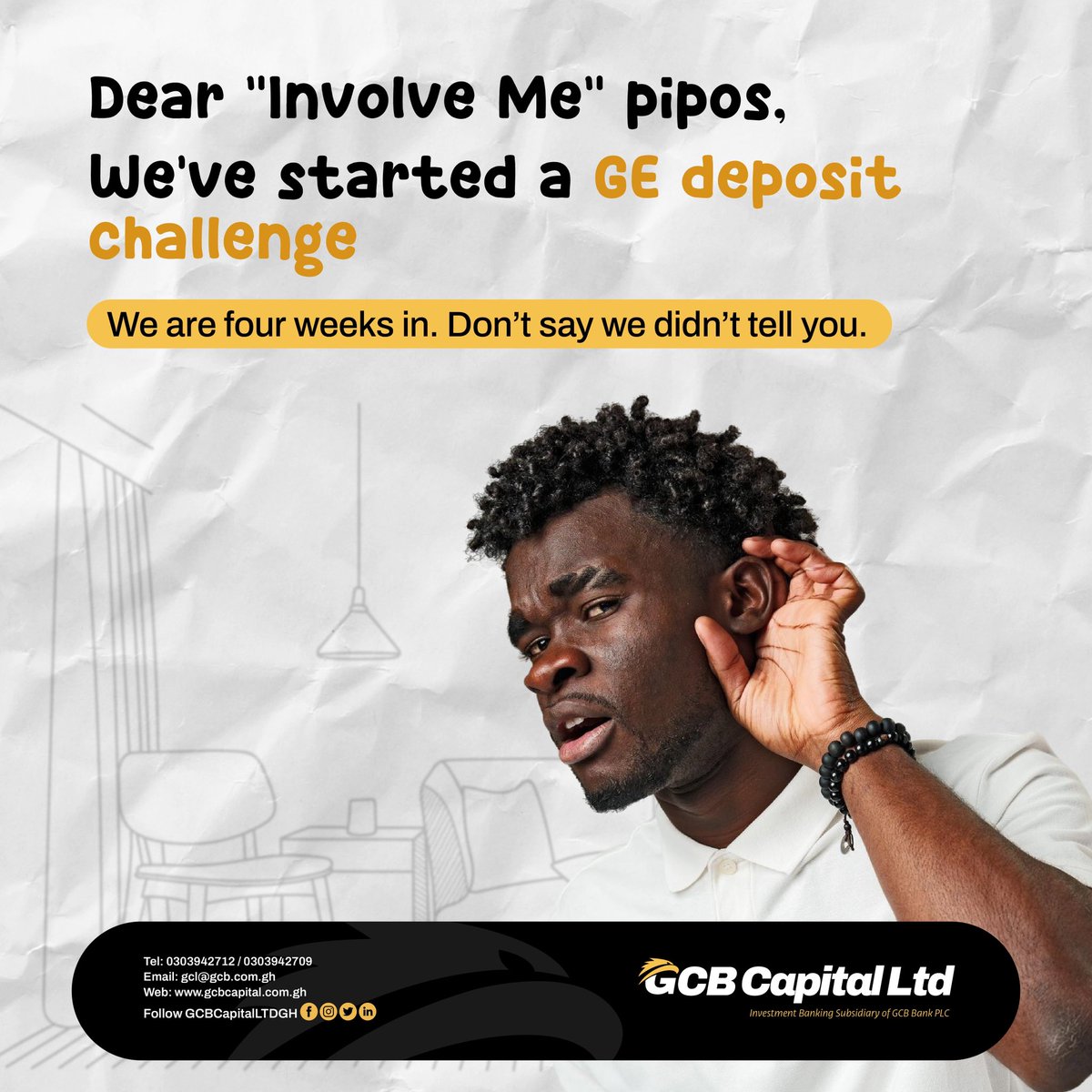 gcbcapitalltdgh's tweet photo. Join the community, join the fun and sign up to our Golden Eagle Unit Trust. This smart decision can change your year. Send your details with this link and we’d give you a call https://t.co/JRopHCRK3Z. 

#GCBCapitalLtd #gcbcapitalltdgh #GCL #inspiringtrustanddeliveringresults https://t.co/Z2VjYxSYq8