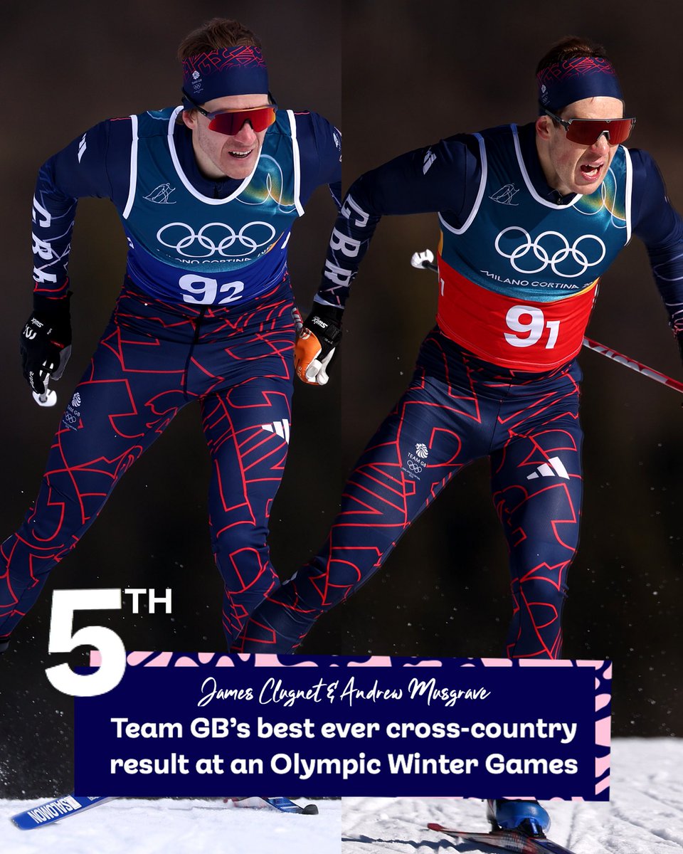 TeamGB's tweet photo. More history made at Milano Cortina 2026 ⛷️ 

Cross-country skiers James Clugnet and Andrew Musgrave finish 5th in the team sprint free… Britain’s best-ever cross-country result at an Olympics!! 👏 

#TeamGB | #MilanoCortina2026 https://t.co/MH94b8a6Ff