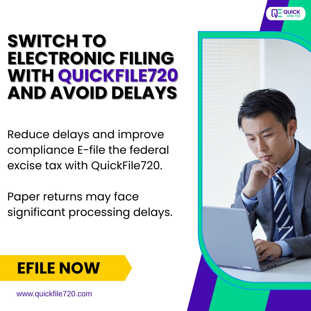 Quickfile_720's tweet image. Stay ahead of IRS processing delays by switching to Form 720 e-filing with QuickFile720.

IRS-authorized e-filing for Forms 720 and 8849 - faster, safer, and completely paperless.
quickfile720.com

#form720 #excisetax #IRS #quickfile720