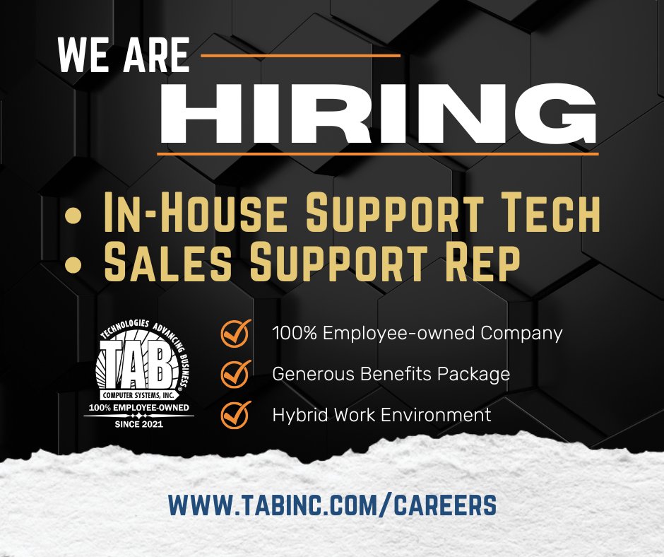 TABComputerSys's tweet image. We're hiring again! If you're seeking a challenging position at a 100% employee-owned MSP, take a look at our two latest openings: In-House Support Technician and Sales Support Representative! 

#hiring #employeeowned #itserviceprovider