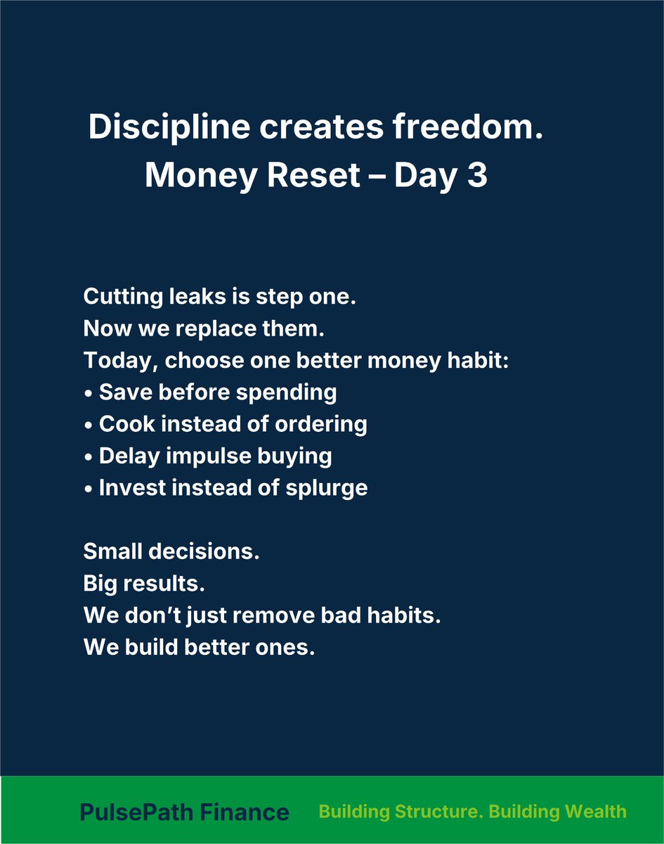 PPathFinance's tweet image. At the bottom of the caption, write:
Comment the ONE habit you’re choosing today 
Let’s hold each other accountable.
OR
Drop your new money habit in the comments. 💙
#moneyreset #pulsepath