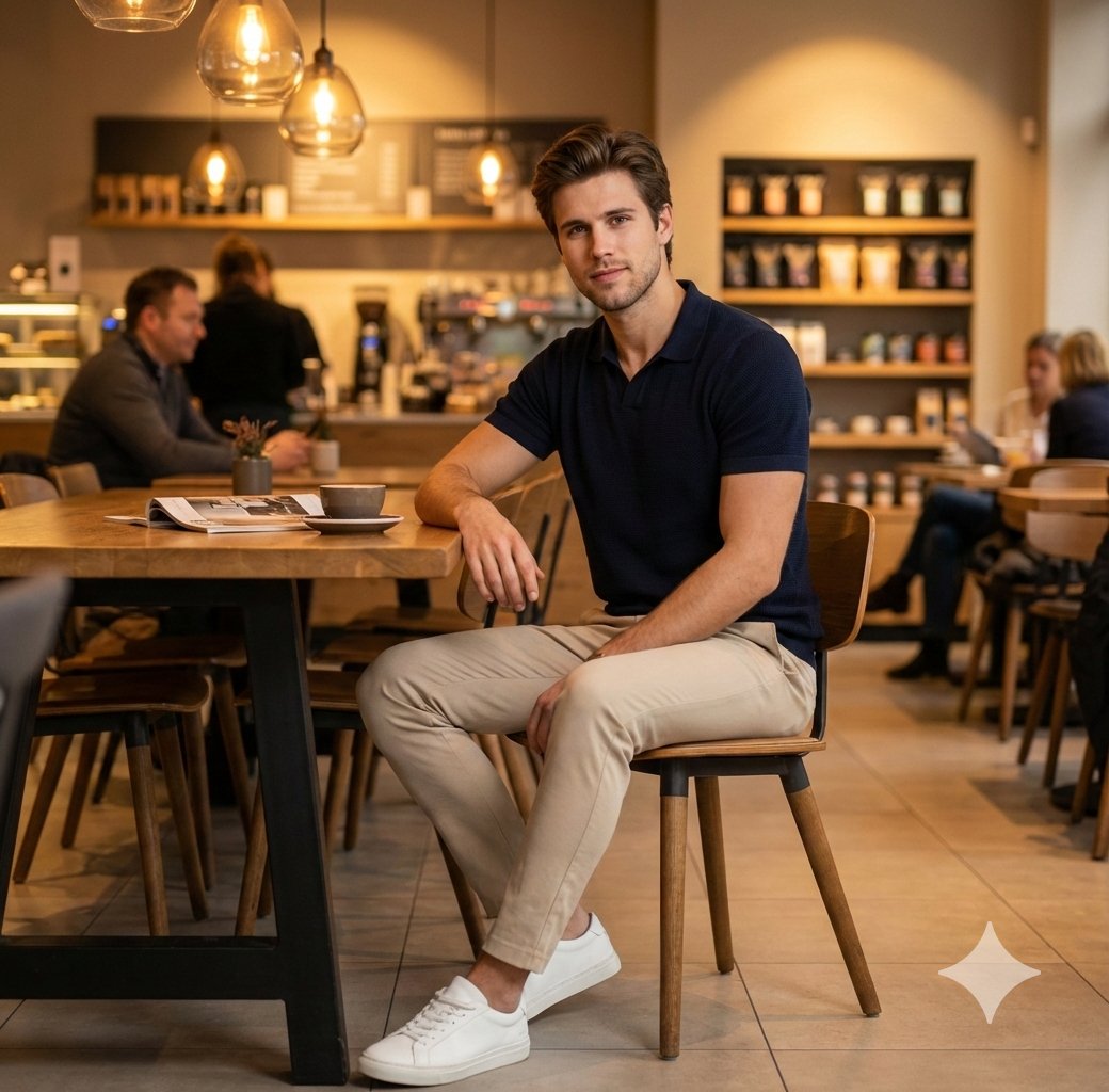 Photorealistic lifestyle DSLR shot of the uploaded image as the subject casually seated at an upscale modern café with warm ambient lighting. Soft golden indoor tones, shallow depth of field with elegant background blur. Subject wears a refined smart-casual outfit — knit polo shirt, slim-fit trousers, minimalist sneakers. Natural candid pose, one arm resting on the table, subtle confident expression. Ultra-detailed facial features, realistic skin texture, premium lifestyle magazine aesthetic, 85mm lens, f/1.8, cinematic color balance.