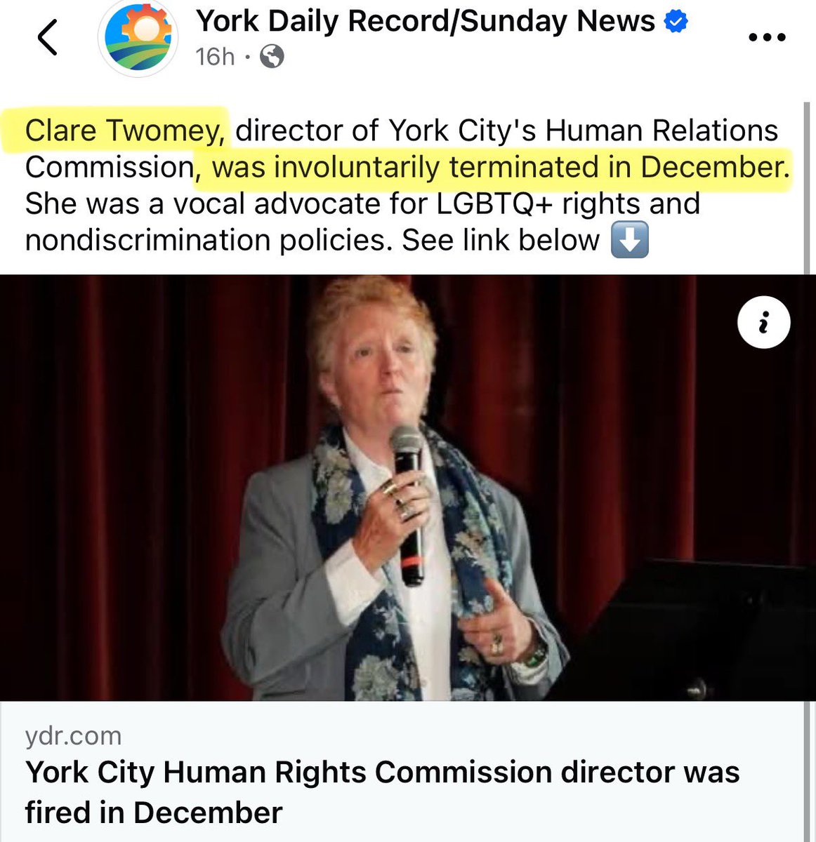After Charlie Kirk’s assassination, we began holding teachers accountable for celebrating his murder.

The City of York Human Relations Commission falsely said I was violent and was forced to apologize. 

Clare Twomey was the director — she’s been fired.