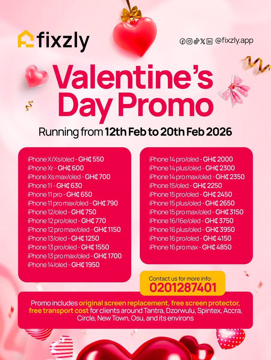 Fixzly_app's tweet photo. ℹ️ Our Valentine’s Promo is still on. Promo applies to screen repairs only. Fixzly specializes in repairs. We don’t sell phones.
Offer ends February 20.

#Fixzly #DoorstepRepairs #DeviceRepair  #FixItWithFixzly #FixzlyDelivers https://t.co/Em0563d6vE