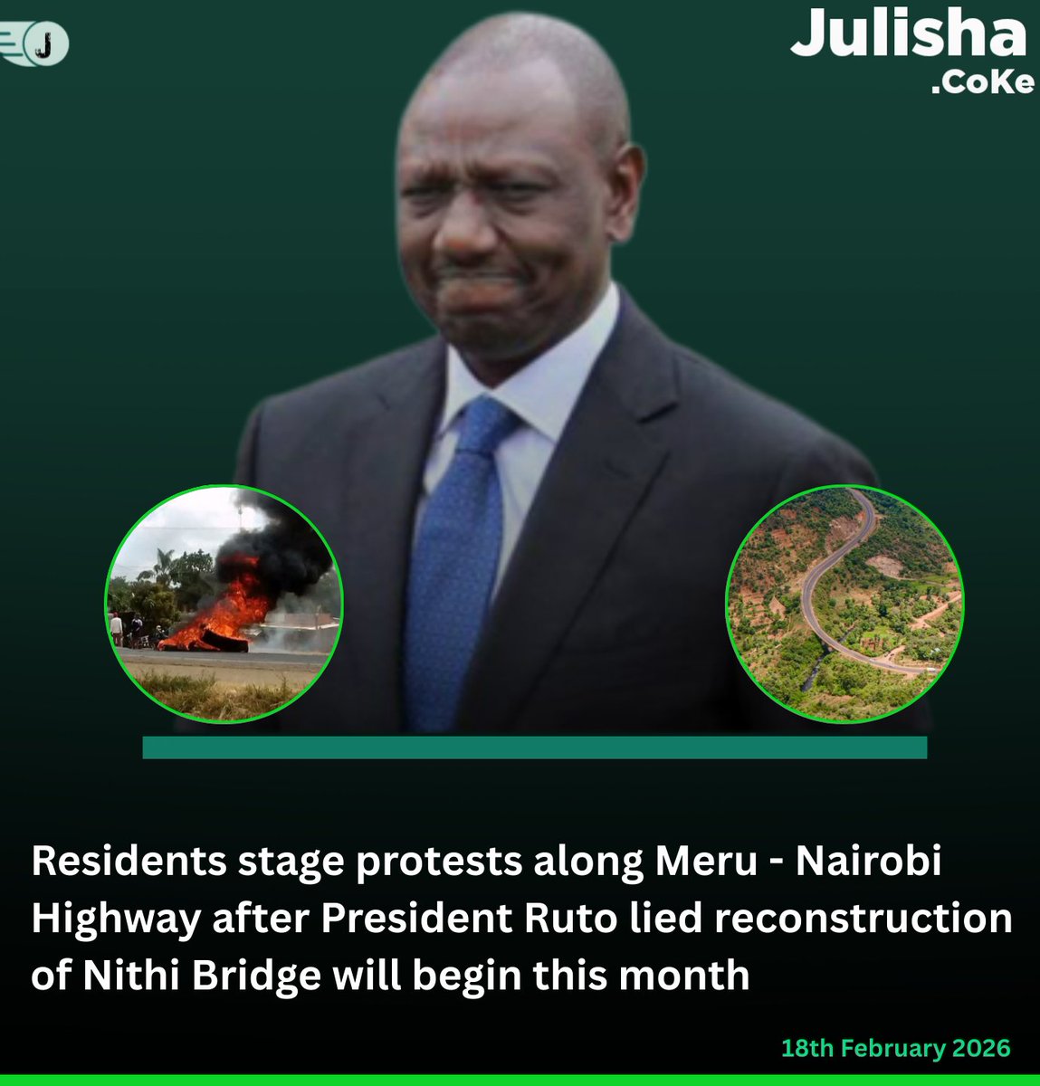 Residents stage protests along Meru - Nairobi Highway after President Ruto lied reconstruction of Nithi Bridge will begin this month