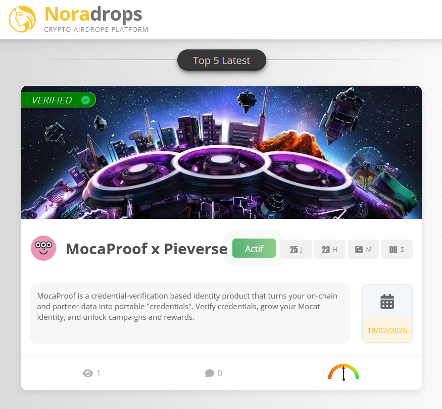 MocaProof is a credential-verification based identity product that turns your on-chain and partner data into portable "credentials". Verify credentials, grow your Mocat identity, and unlock campaigns and rewards. <a href="/Moca_Network/">Mocaverse</a> 

Website: moca.network/en
