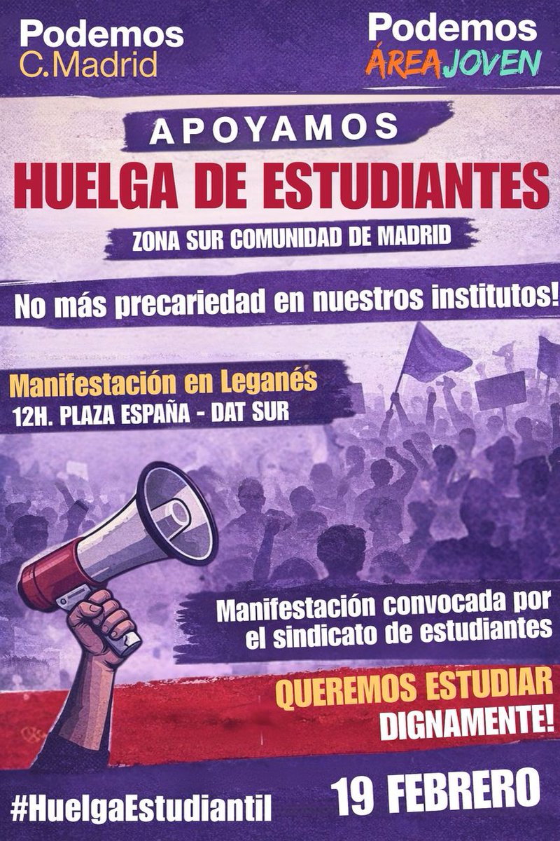 🟣 Desde Podemos Comunidad de Madrid, junto al <a href="/PodemosJovenCM/">Área Joven Podemos</a>  y el <a href="/EducaPodemosCMa/">Área de Educación de Podemos Comunidad de Madrid</a>, mostramos nuestro apoyo total a la huelga y a la movilización convocada por el <a href="/SindicaEstudian/">Sindicato de Estudiantes 🇵🇸</a>
#EducaciónPública #Madrid #Estudiantes