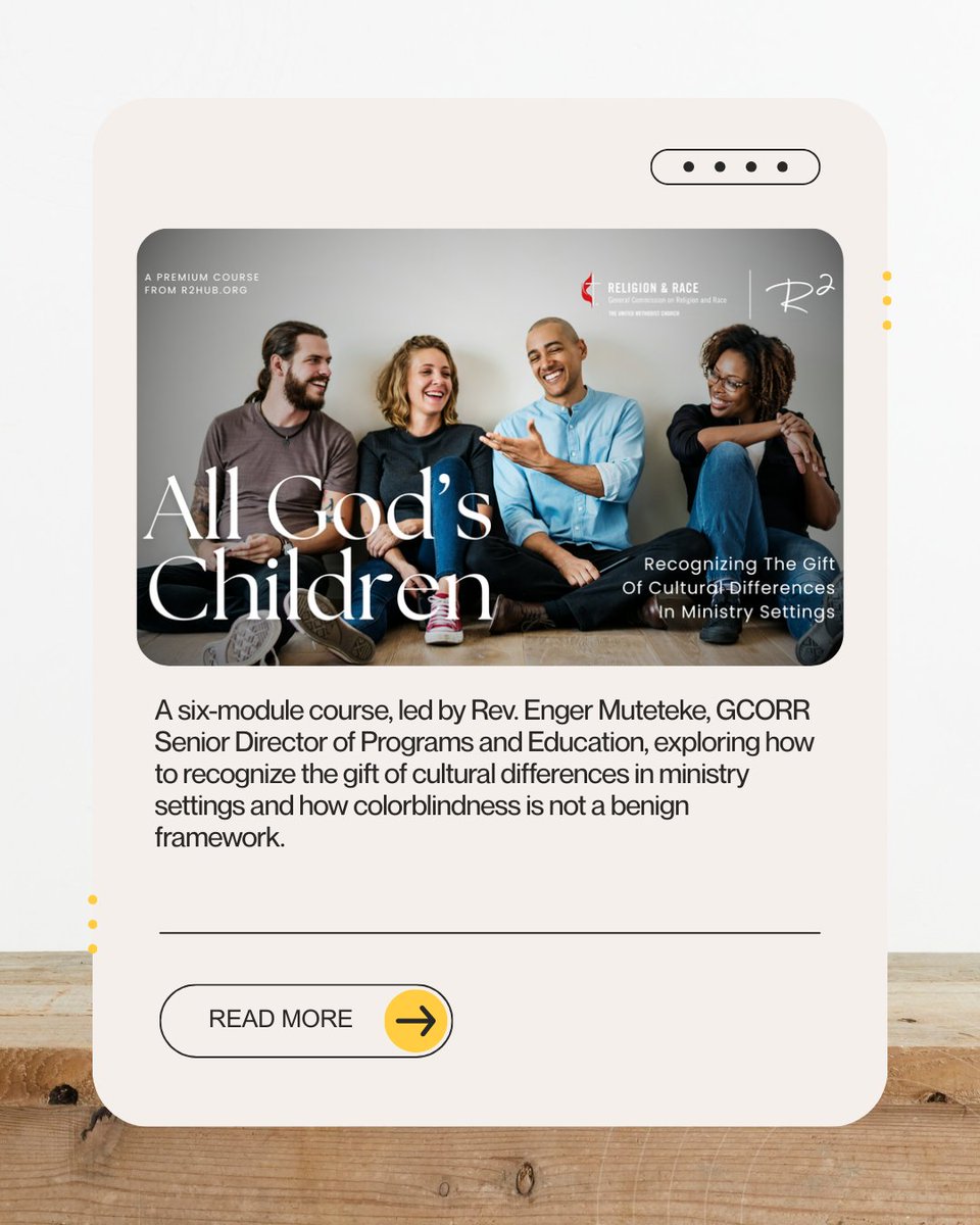 gcorrumc's tweet image. How do we honor difference in ministry?
All God’s Children is a course resource that helps participants recognize cultural diversity as a gift and move beyond colorblind approaches.

View the resource: gcorr.teachable.com/p/all-gods-chi…
#RacialJustice #CulturalDiversity #GCORR #UMC