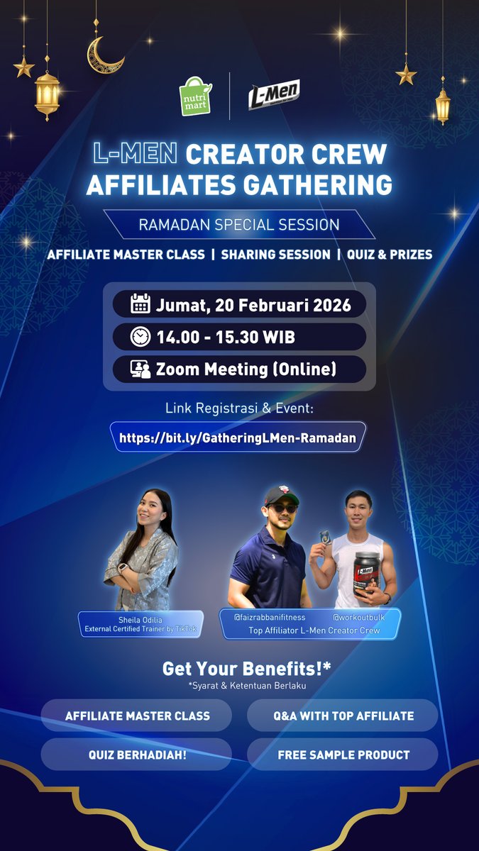 LMen's tweet image. Halo, L-Men Brothers! 👋🏻
Yuk upgrade skill affiliate, Ramadan Special Session: L-Men Creator Crew Affiliates Gathering berhadiah

📆 Jumat, 20 Februari 2026
⏰ 14.00 – 15.30 WIB
📍 Zoom Meeting (Online) 
🔗 Link Registrasi 
bit.ly/GatheringLMen-…

#LMenCreatorCrew #LMenAffiliate
