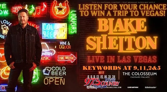 973NASH's tweet photo. TEXT TO WIN ALL WEEK at 9,11,2&amp;5! Blake Shelton is headed back to the Neon Lights of Vegas, and we want to send you to join the party! Win a trip for two to see Blake Shelton: Live in Las Vegas at The Colosseum at Caesars Palace https://t.co/VREmNWDy3b https://t.co/s0RxTgpESy