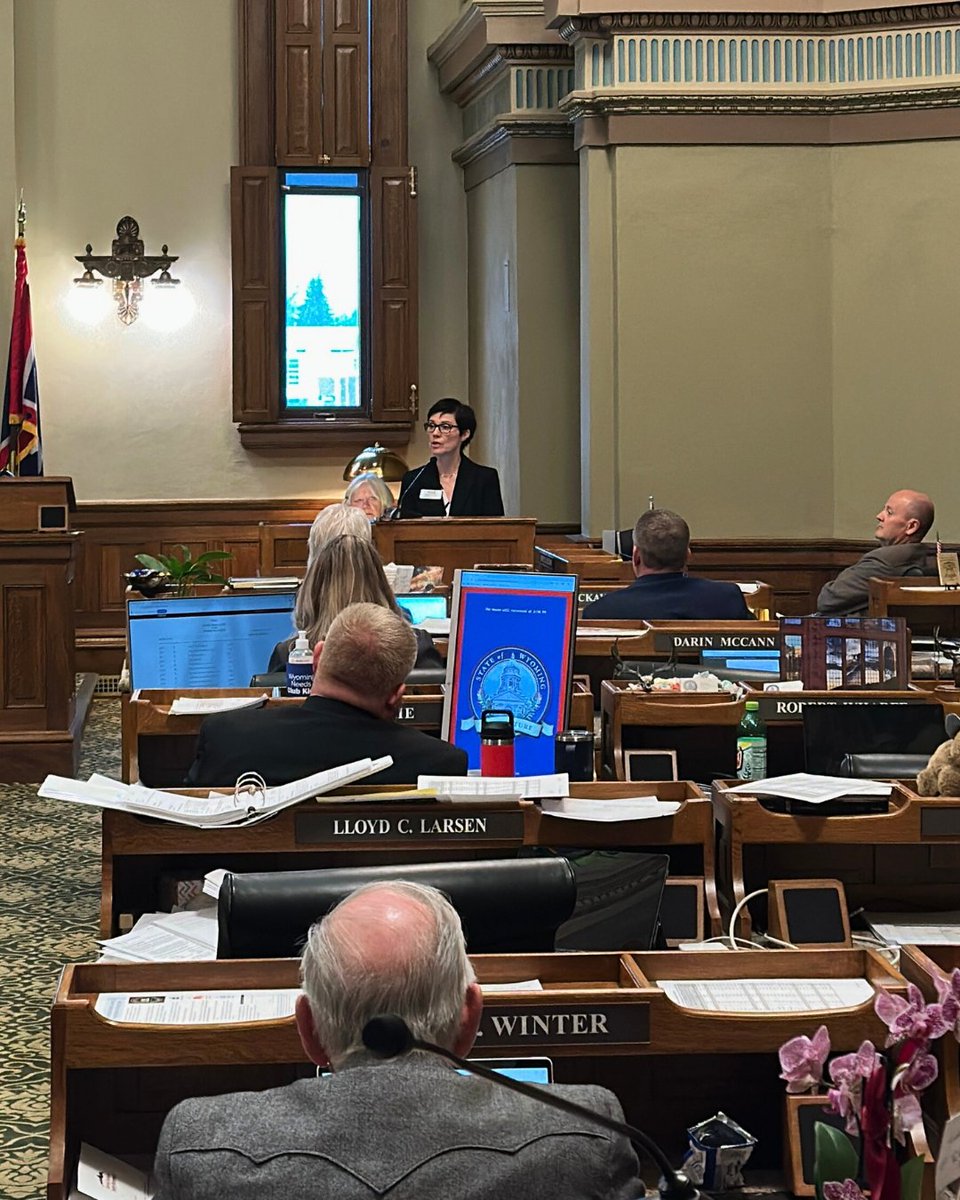 WYOEducation's tweet photo. Teacher of the Year Michelle Roundy held the privilege of the floor in both the #Wyoming House and Senate. Roundy and teachers who are members of the Level-Up Cohort who were also in attendance received a standing ovation from legislators.
#WyDeptEd #WyoEdChat https://t.co/TYPjagTgA2