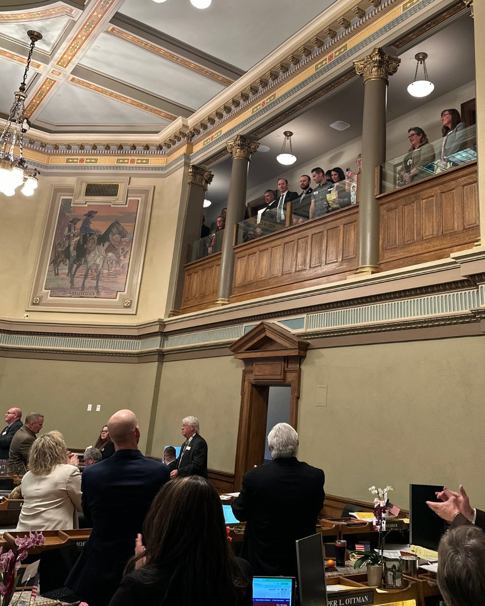 WYOEducation's tweet photo. Teacher of the Year Michelle Roundy held the privilege of the floor in both the #Wyoming House and Senate. Roundy and teachers who are members of the Level-Up Cohort who were also in attendance received a standing ovation from legislators.
#WyDeptEd #WyoEdChat https://t.co/TYPjagTgA2