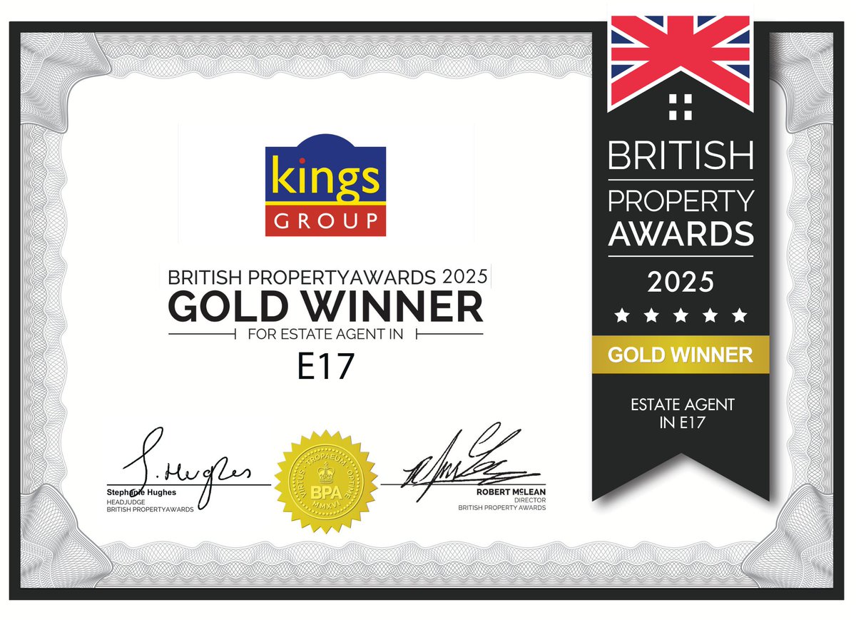 🏆 GOLD WINNERS! 🏆

We’re incredibly proud to share that the Kings Group Walthamstow team has been awarded Gold Winner – Estate Agent in E17 at the British Property Awards 2025!

Here’s to continuing to raise the standard for property in Walthamstow!