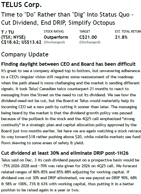 Looks like analysts are starting to push TELUS to cut the dividend, today's note from NBF: $T.TO