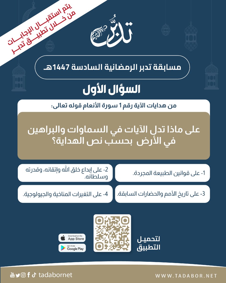 tadabornet's tweet photo. #مسابقة_تدبر_الرمضانية_السادسة 

السؤال الأول
من هدايات الآية رقم 1 سورة الأنعام قوله تعالى:
على ماذا تدل الآيات في السماوات والبراهين في الأرض بحسب نص الهداية؟

#تدبر 
#الهيئة_العالمية_لتدبر_القرآن_الكريم https://t.co/2OF7AoVcAA