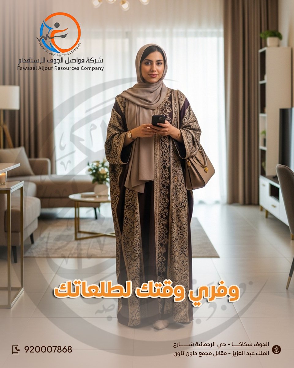 fwaljouf_co's tweet photo. لا تضيعين وقتك بالمتابعة، وخليكِ لطلعاتك ووناستك.. والباقي علينا! 
📞 تواصلي معنا الآن: 920007868
 📍 الجوف – سكاكا – حي الرحمانية – شارع الملك عبدالعزيز – مقابل مجمع الجوف داون تاون

#فواصل_الجوف #رمضان #استقدام #الجوف #سكاكا #راحة_بالك https://t.co/R1Nv9ZJJxb