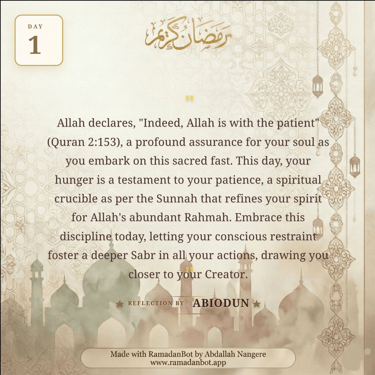 habeynaalis's tweet image. Day 1 of #Ramadan 🌙

"Allah declares, "Indeed, Allah is with the patient" (Quran 2:153), a profound assurance for your soul as you embark on t..."

My Streak: 1 days 🔥

#RamadanBot #IslamicReflection #SpiritualJourney