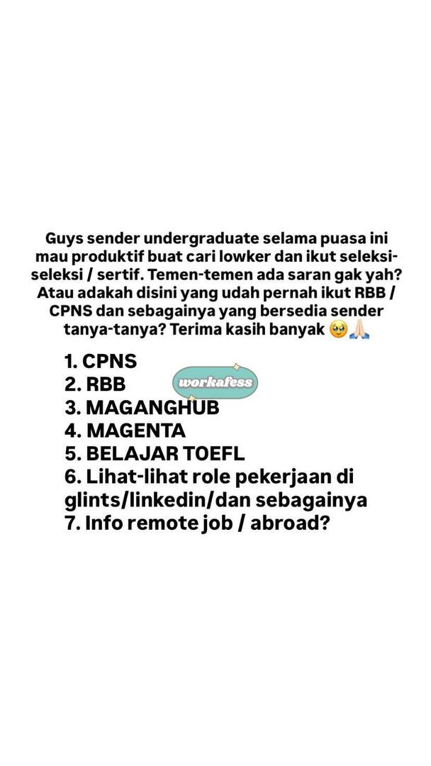 Work! Yuk saling sharing infonya yah teman-teman. Sebelumnya terima kasih banyak yah yang sudah sharingg^^ marhaban ya ramadhan semuanya