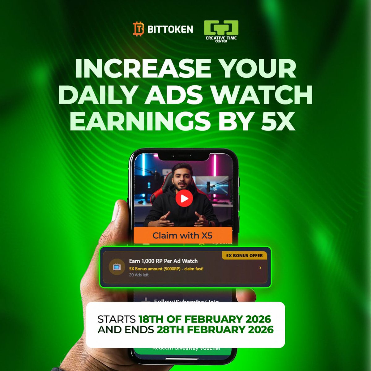 ctc_official1's tweet photo. Yet another exciting news for all CTC esteemed members 

Starting from 18th February 2026 to 28th February 2026, when you claim your daily rewards, a booster is now applied to give X5 from the regular.

After claim, during the stipulated period the usual 1,000 RP reward you get for watching an Advert now gives 5,000 RP

This is amazing, watch your daily Ads and boost your rewards by 500%.

The Future is here.

Regards 
CTC Management