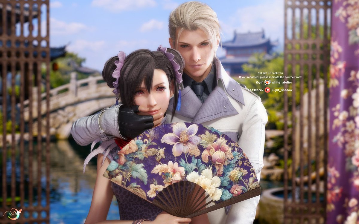 Tifa looks stunning in a qipao . 
Maybe they’re traveling somewhere, or perhaps it’s one of Rufus’s private estates.
A beautiful moment shared only between the two of them. 💖🌙

#RufTi #RufusShinra #TifaLockheart #FF7